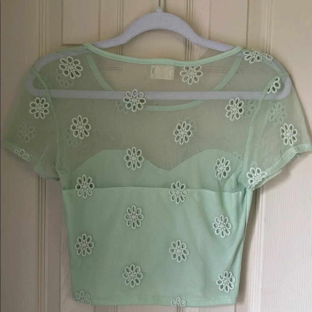 Pins & Needles Mint Green Sheer Floral Mesh Crop Top - Picture 3 of 5